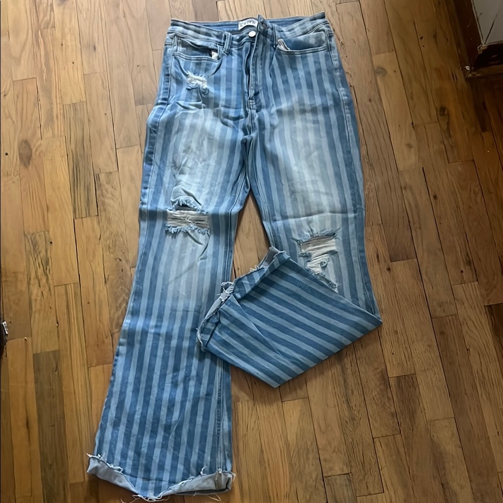 Striped Blue Distressed Women Jeans